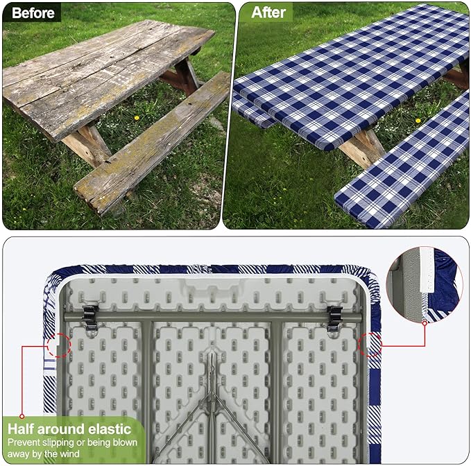 Play Tailor Picnic Table Cover with Bench Covers Camping Essentials Waterproof Windproof Camping Tablecloth with Drawstring Bag, Fitted Rectangle Tables and Seats, 96in, Blue Checkered