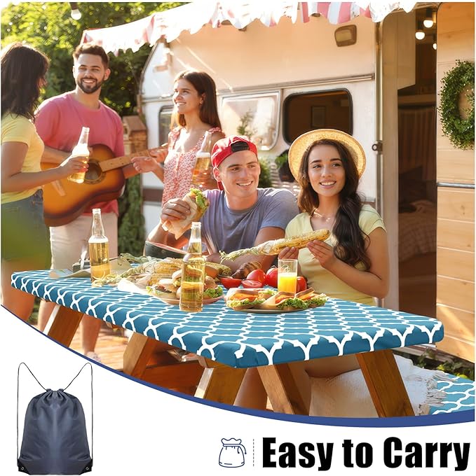 Smiry Picnic Table Cover with Bench Covers, Waterproof Elastic Fitted Tablecloth for 5 Foot Tables, Washable Polyester Tablecloths for Camping, Indoor & Outdoor (Light Blue, 30x60 Inch 3-pc Set)