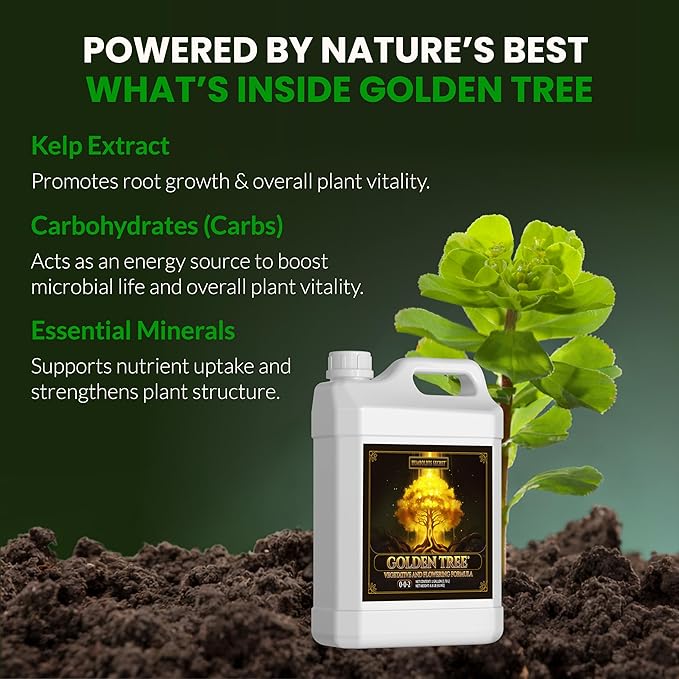 Humboldts Secret Golden Tree Liquid Plant Food | Enhances Growth Indoors or Outdoors | All-in-One Plant Nutrients for Vegetables, Trees, Flowers, Fruits, Roses, Lawns, Tomatoes | 1 Gallon
