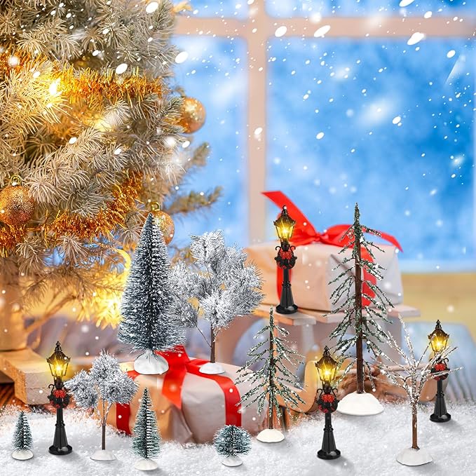Hotop 18pc Christmas Village Accessories 47.2 Inch Village Roads Mini Snowy Trees Streets Light Lamppost Hedge Figurines Set for Display Winter Holiday Decorations DIY Crafts No Batteries(Chill)