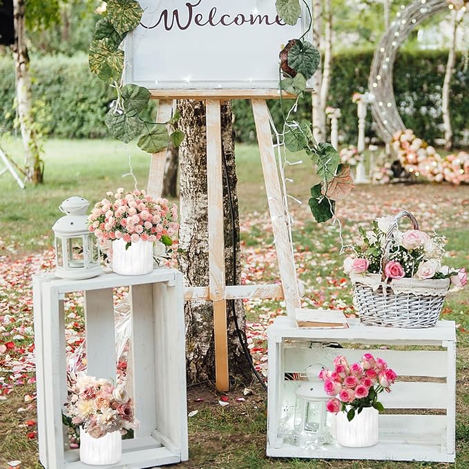 12 Set Plastic Cylinder Planter Box 4 x 4 Inch Flower Boxes for Arrangements Round Plastic Flower Box with Removable Foam Blocks Liner for Centerpiece Home Wedding Garden Decor (White Bark)