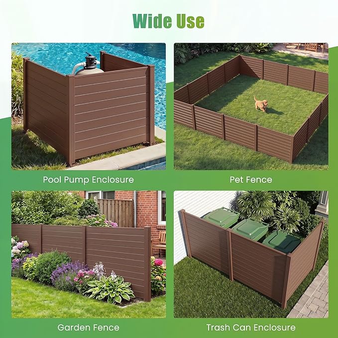 HAPPYGRILL Air Conditioner Fence, 3 Panels Outdoor Privacy Screen with Metal Stakes, No Dig Pool Equipment Enclosure, 48" x 38" Trash Can Screen Fence Kit for Outside Backyard, Brown