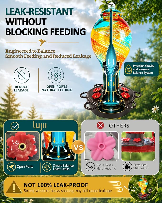 LUJII Smart Hummingbird Feeder with Camera for Outdoor Hanging, Hand Blown Glass, Solar WiFi Feeder with Live View App, 6 Feeding Ports, Leak-Resistant Design, Ant Moat & Gift Box, 36 fl oz, Ribbon