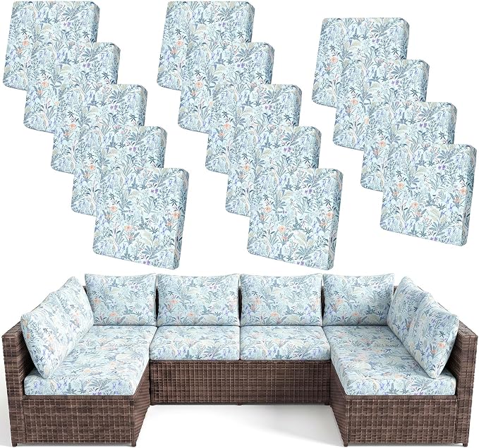 pickyNproud 14Pcs Patio Cushion Covers Stretch Outdoor Couch Cushions Slipcovers Replacement Washable Furniture Protector with Elastic Bottom Sofa Chair Seat Cover, Light Cyan