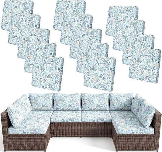 pickyNproud 14Pcs Patio Cushion Covers Stretch Outdoor Couch Cushions Slipcovers Replacement Washable Furniture Protector with Elastic Bottom Sofa Chair Seat Cover, Light Cyan