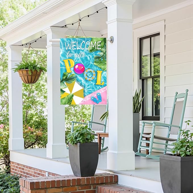 Welcome to Our Pool Garden Flag Vertical Double Sided Summer Swimming Pool Yard Flag Palm Leaf Parasol House Flags 28 x 40 Inch Holiday Party Seasonal Farmhouse Banner Outdoor Decor