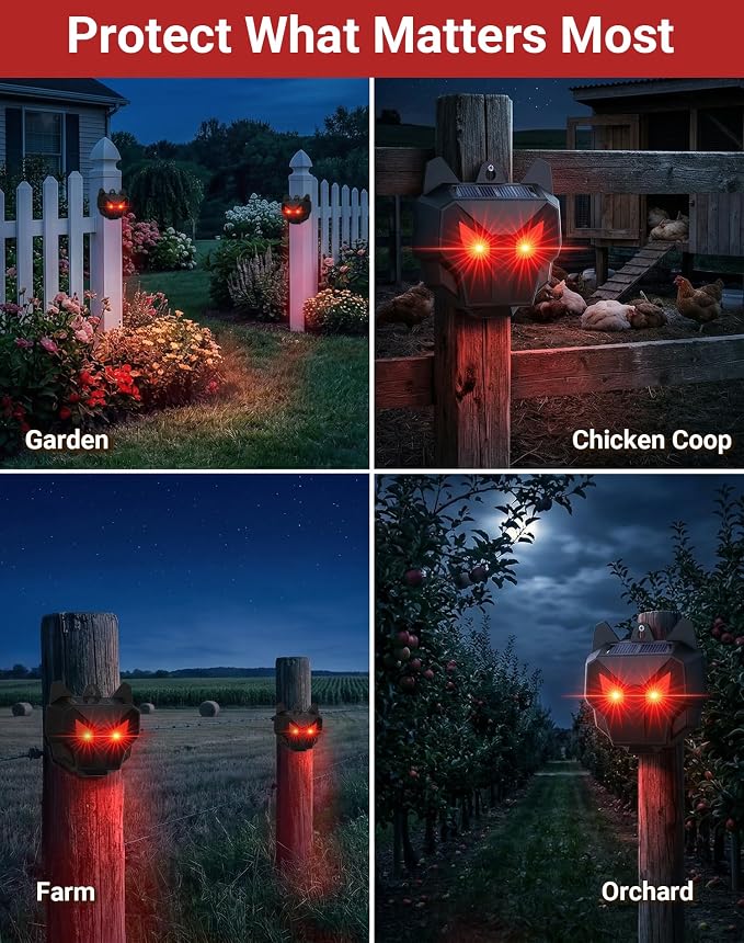 2 Pack Solar Nocturnal Animal Repeller with Dual Red LED Lights, Humane Coyote Deterrent for Fox Raccoon Skunk Deer, Waterproof Predator Lights for Chicken Coop, Farm & Garden (2, Black)