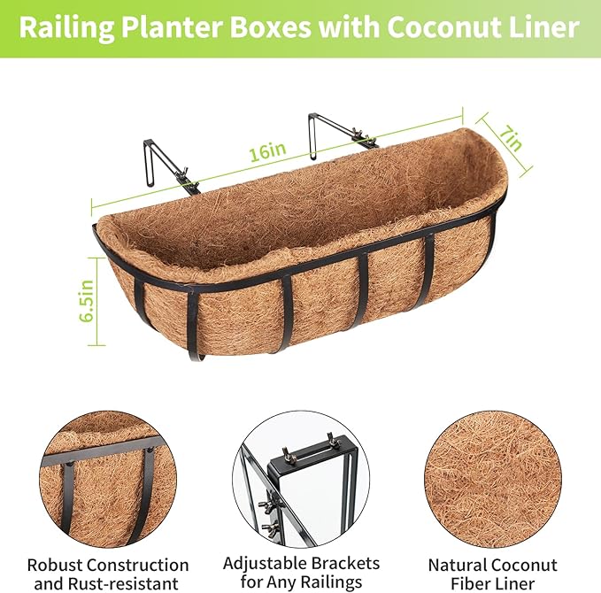 Legigo 4 Pack 16 Inch Window Boxes Railing Planter Box with Coconut Liner, Balcony Railing Planter Horse Trough Deck Window Planters, Metal Railing Hanging Flower Baskets for Outdoor Porch Fence Patio