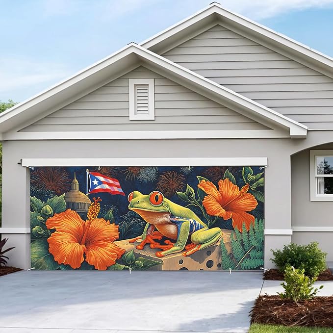 6 * 13FT Summer Puerto Rico Garage Door Cover Decorations Sunset Palm Trees Garage Door Banner for Outdoor Indoor Summer Party Photography Backdrop