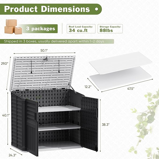 JUMMICO Resin Outdoor Storage Shed, 34 Cu Ft Horizontal Storage Cabinet with Shelves for Trash Cans, Garden Tools, Pool Supplies (Black)