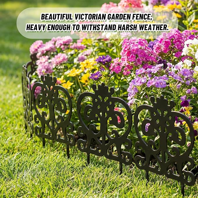 8 Pcs Iron Sheet Decorative Garden Border Edging, 11.4" x 7'' Small Metal Flower Bed Edging Landscape Border Mini Vintage Garden Fence for Outdoor Yard Patio Lawn (Rustic,Black)