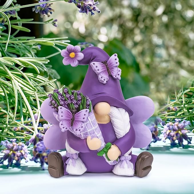 Lavender Gnome Spring Decor, Fairy Garden Gnome with Butterfly & Lavender Bouquet, Resin Gnome Figurine for Home Office Tabletop Tiered Tray Decor, Gnome Gifts for Women Retirement Birthday