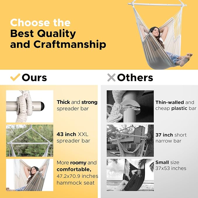 ADVOKAIR Hammock Chair Hanging Chair Rope Swing XXL - Max 500lbs, 70in Large Hammock Swing Chair -Portable Steel Spreader Bar with Anti-Slip Rings-Roomy & Strong