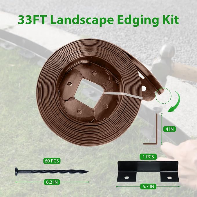 Landscape Edging Border 33 FT 2 Inch Tall with 60 Spikes, Plastic Edging for Landscaping, Garden Edging Border， Flower Bed, Paver and Lawn Edging Border, Brown
