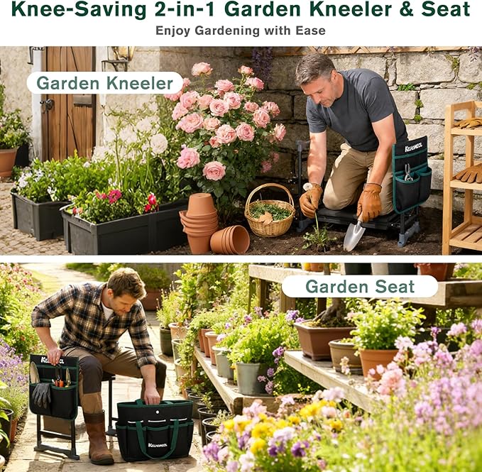 Garden Kneeler and Seat - Extra Wide Thick EVA Pad, Heavy Duty Foldable Garden Bench Holds 350lbs, 2-in-1 Gardening Stool with Detachable Tool Bags, Gardening Gifts for Women, Men & Seniors