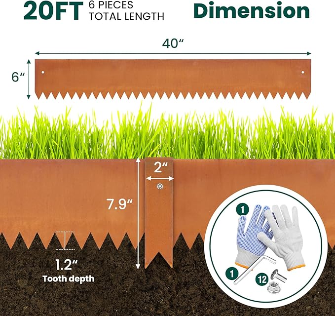 Corten Steel Landscape Edging Steel Landscaping Edging Metal Garden Edging Lawn Edge Border Rust Patina 40 Inch Strips 6 Inch Depth Hammer-in for Outdoor Yard Lawn Flower Plant 6 pcs