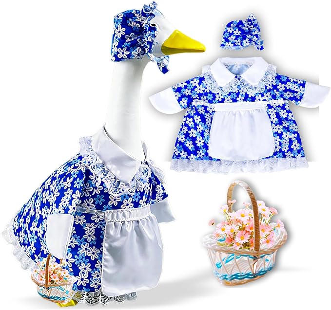 Spring Goose Outfit Flower Porch Goose Clothes for 23" Cement Statue Goose Costume with Daisy Skirt Outdoor Patio Yard Lawn Art Decoration(Blue)