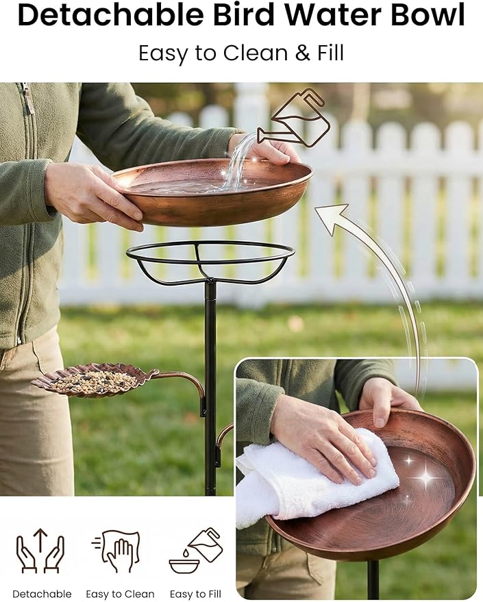36" Metal Bird Bath & Feeder - Rust-Resistant Antique Design, Ultra-Stable 5-Prong Base & Detachable Easy-Clean Bowl - Tool-Free 3-Min Assembly Garden Decor for Outdoors, Patio, Backyard