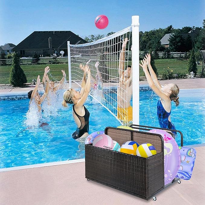 Garvee Double Layer Poolside Float Storage Organizer, Outdoor Wicker Pool Storage Bin for Floats & Toys, Rolling Poolside Storage Rack for Pool Toy Noodles Equipment Accessroies