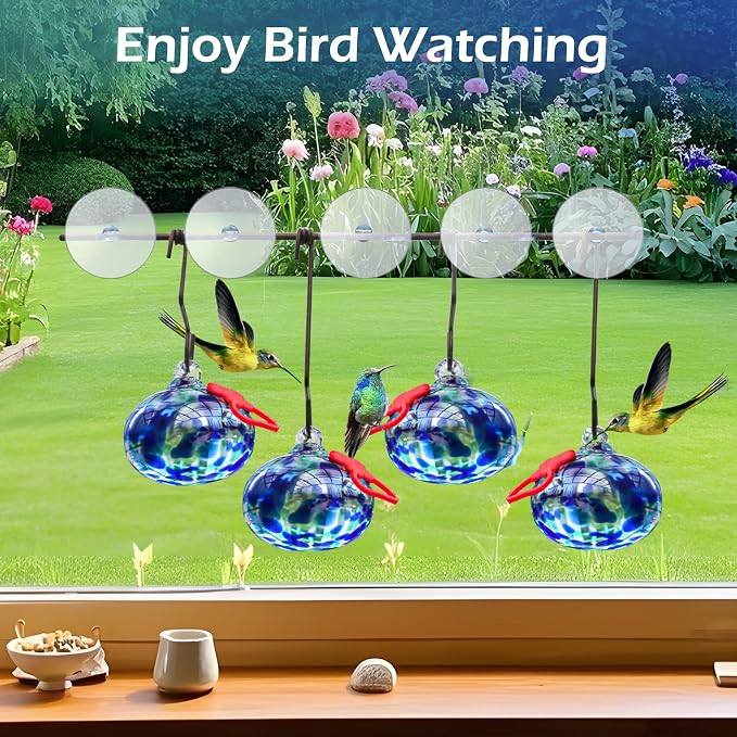 Pozfun Set of 3 Hummingbird Feeders for Outdoors Hanging,Hand-Blown Glass Hummingbird Feeder with Silicone Feeding Perch,Never Leak,Gardening Gifts for Woman Man