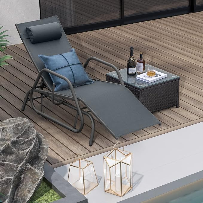 Tangkula Outdoor Glider Recliner Chair, Adjustable Backrest Patio Gliding Lounger Chair with Armrests and Pillow, Outdoor Swinging Rocking Chair with Breathable Fabric for Poolside, Backyard (1, Grey)