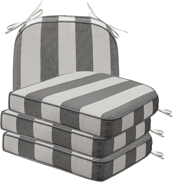 Unimatta Round Corner Seat Cushions, 17" x 16" x 2", Set of 4, Indoor Outdoor Water Repellent Universal Chair Pads with Ties for Patio Furniture, Garden Deck Dining Chairs, Gray Stripe