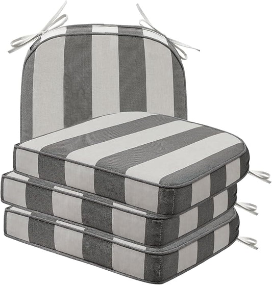 Unimatta Round Corner Seat Cushions, 17" x 16" x 2", Set of 4, Indoor Outdoor Water Repellent Universal Chair Pads with Ties for Patio Furniture, Garden Deck Dining Chairs, Gray Stripe