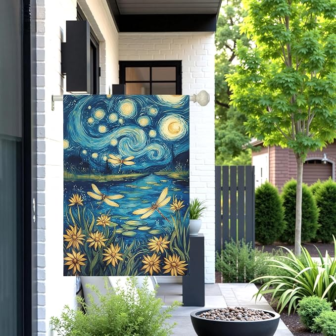 Summer Daisy House Flag Starry Night Style Floral Garden Flags with Dragonflies Spring Lake Landscape Artistic Impressionist Flower Banner Outdoor for Lawn Patio Porch Seasonal Home 28 x 40 Inch
