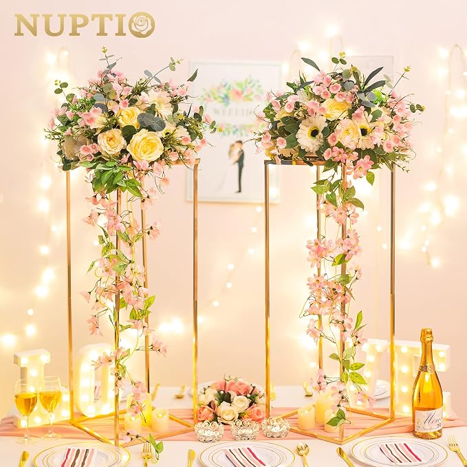 NUPTIO Metal Gold Vase Set for Wedding - 10 Pcs 31.5 inch Tall Cylinder & Square Vases for Centerpieces - Elegant Flower Stand for Party Tables Decorations