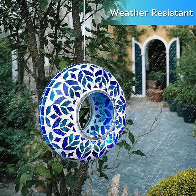 Lily's Home 8" Mosaic Hanging Bird Feeder with 10" Wire - Bird Feeders for Outdoors - Ideal Garden Decor - Easy to Fill and Hang - Perfect for Backyard Wild Birds- Fly-Through Access