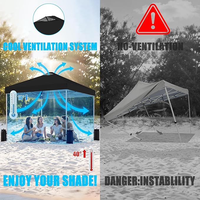 SANWAY 10x10 Pop Up Canopy Tent, One Push Setup, Heavy Duty Portable for Beach Camping Parties with Vents - Black