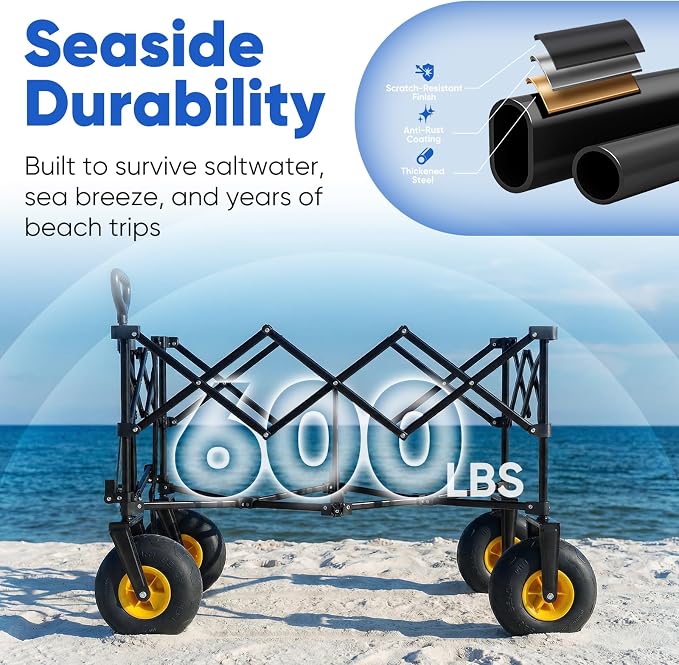 Sekey Heavy Duty Beach Wagon with 9" Big Sand-Proof Wheels – 600lb Capacity, 200L Oversized Foldable Cart | Adjustable Handle & All-Terrain Tires for Sand, Camping, Groceries