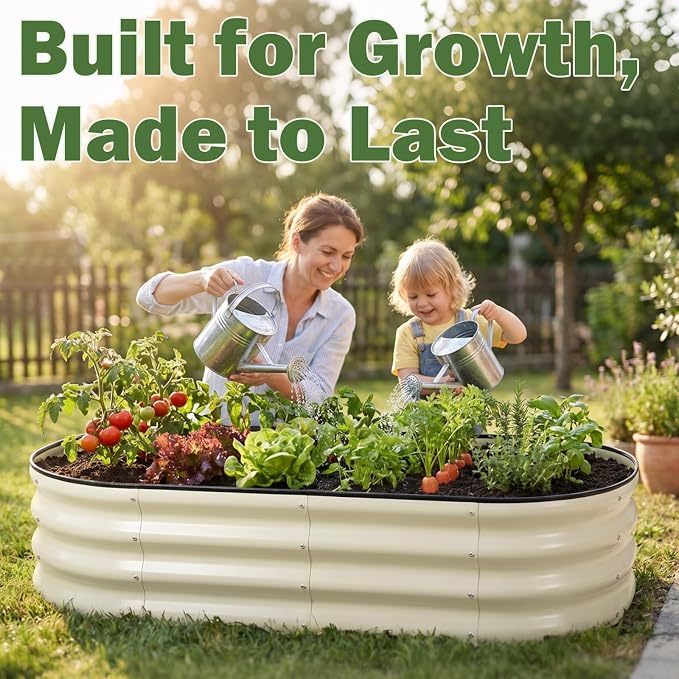 2 PCS Galvanized Raised Garden Bed 4x2x1 Ft, Oval Metal Outdoor Planter Box Kit with Safety Rubber Edge, Easy Assemble Bottomless Large Planting Container for Vegetable, Flower, Fruit, White