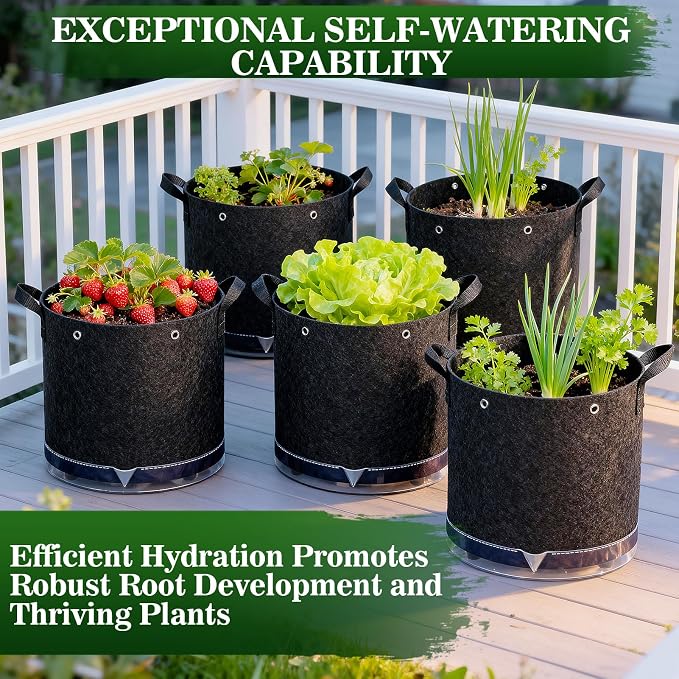 5 Pack 7 Gallon Self-Watering Grow Bags, Thick Nonwoven Fabric Pots with Support Rings and Reinforced Handles, Self-Watering Planter with Bottom Reservoir for Tomatoes Peppers Potatoes and Vegetables