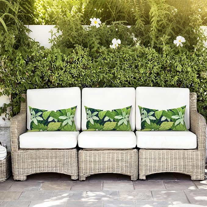 LVTXIII Set of 2 Patio Lumbar Pillows, 12" x 20" Fade Resistant Outdoor Lumbar Pillow with Inners, Fluffy Decorative Garden Lumbar Cushions for Home Patio Coach Sofa Use, Jungle Leaves