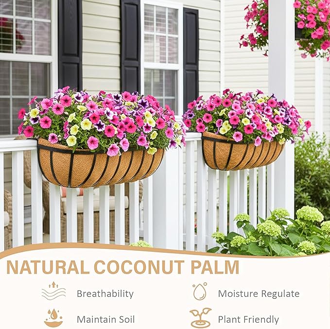 Window Box Railing Planter with Coco Liner 2 Pack 30 Inch Metal Hanging Flower Planter Deck Railing Planters Boxes for Balcony Outdoor Plants Fence Porch Patio