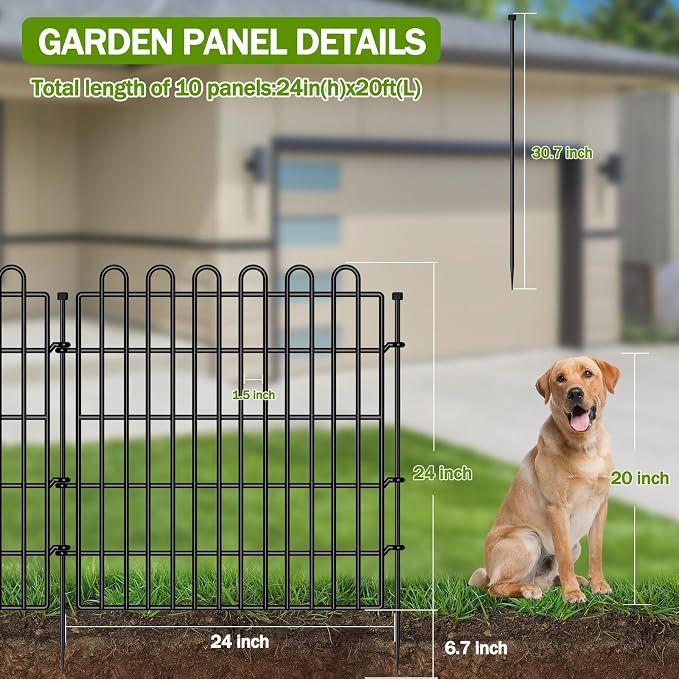 10 Panels No Dig Decorative Garden Fence with Gate for Yard, 24 in(H) X 20 ft(L) Animal Barrier Fencing for Outdoor Dog, Metal Portable Garden Fences for Borders, Pets, Landscape, Temporary Fence