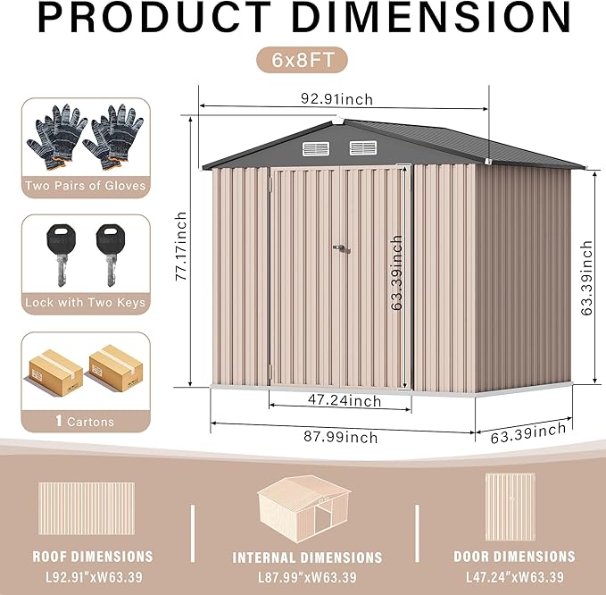 8x6ft Heavy Duty Outdoor Storage Shed, Metal Tool Shelter with Lockable Doors, Air Vents, Large Weatherproof Utility Building for Backyard Patio Lawn – Wind & Rain Resistant, UV Protection