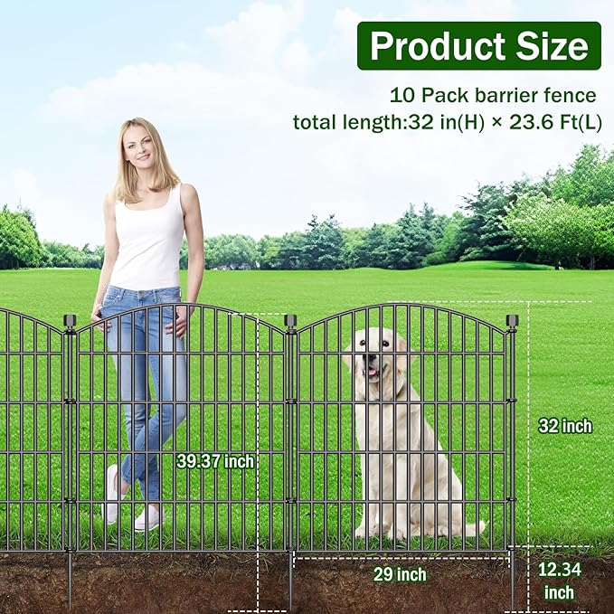 10 Panels Decorative Garden Fence - 32 in (H) x 23.6 ft (L) No Dig Dog Fence Outdoor for Yard, Rustproof Tall Garden Fencecing Panels, Animal Barrier Suitable for Yard Border, Patio, and Outdoor Use