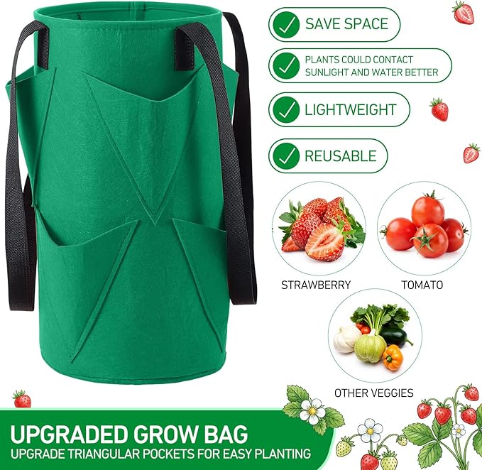 SATINIOR 10 Pack Upside Down Strawberry Planter Set Hanging Vegetables Grow Bags with 10 S Hooks, 3 Gallon Fabric Planting Bags for Easy Vertical Gardening(Deep Green)