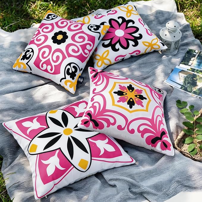 Pyonic Black Hot Pink Outdoor Pillows Waterproof Throw Pillow Covers Set of 4 Floral Printed and Boho Farmhouse Outdoor Pillow Covers for Patio Funiture Garden 18x18 Inch