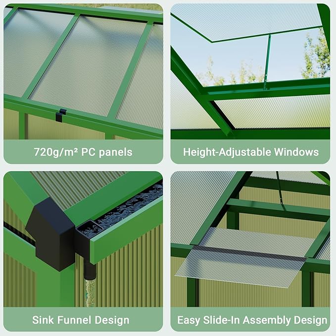 Garvee 6 x 8 ft Greenhouse, Greenhouses for Outside, Polycarbonate Greenhouse with Aluminum Frame, Lockable Door and Ajustable Roof Vent for Backyard, Green Houses for Outside Garden Backyard, Patio
