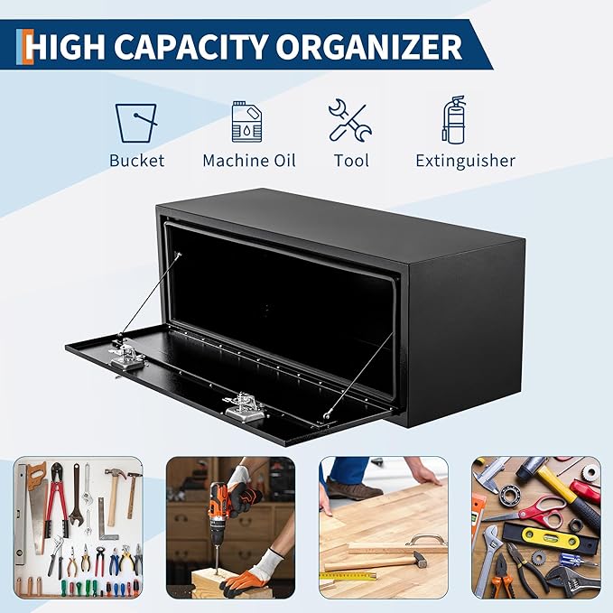 Heavy Duty Underbody Truck Tool Box - Black Steel Storage Tool Chest Organizer with Lock & Keys, Weather Resistant Secure Tool Storage for Pickup Truck Bed, RV, Trailer, Utility Vehicle