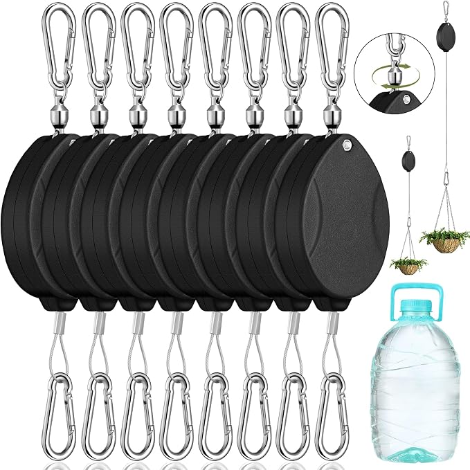 Leinuosen 8 Pack Upgraded Plant Pulleys for Hanging Plants Heavy Duty Retractable Plant Hanger, 304 Stainless Steel Rope Adjustable Climbing Hook for Garden Baskets Pots, Birds Feeder (Black)