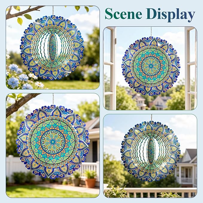 Mandala Wind Spinners Outdoor for Mother's Day, IDEA SHOW Stainless Steel Wind Spinners Outside, 3D Kinetic Hanging Sculpture, Rustproof Metal Garden Decor Ornaments for Yard Art, Women, Men, Holidays