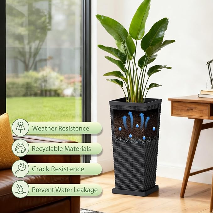 Set of 2 30 Inch Tall Plastic Planters with Drainage Saucers, Rattan Pattern UV Resistant Indoor Outdoor Flower Pots for Patio Garden Balcony Decor, Black