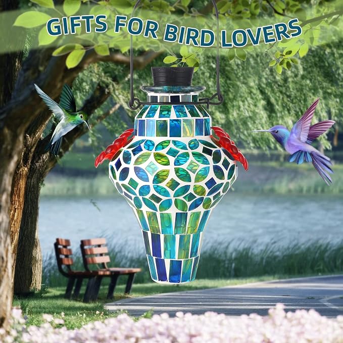 VOREEN Mosaic Glass Hummingbird Feeders for Outdoors Hanging, Hand Blown Hummingbird Feeders, Porch Garden Backyard Decor, Decorative Gift for Mom Wife Friend, 2pcs, Blue and Purple