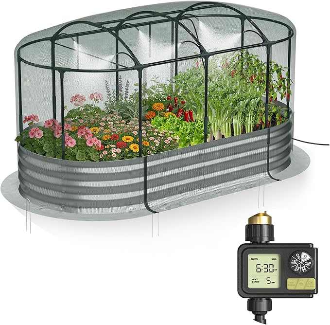 Lineware Raised Garden Bed with Sprinkler Timer and Self-Watering System, 6x3x1 ft Elevated Planter Boxes Outdoor with Mesh Cover, Galvanized Raised Beds for,Vegetables,Flowers, Backyard, Patio