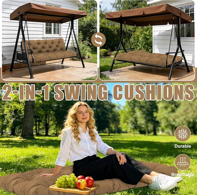 Porch Swing Cushions 40 inch Waterproof & Fade Resistant Thicken 5" Outdoor Swing Cushions 2 Seater Replacement with Backrest & Ties Patio Swing Cushions for Outdoor Furniture (Brown)