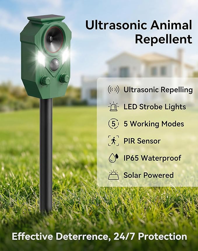 4 Pack Solar Powered Ultrasonic Animal Repellent Outdoor, Motion Activated Deer Repellent Devices with Flashing Lights, Waterproof Cat Repellent Outdoor, Repels Dog, Raccoon, Coyote for Garden & Lawn